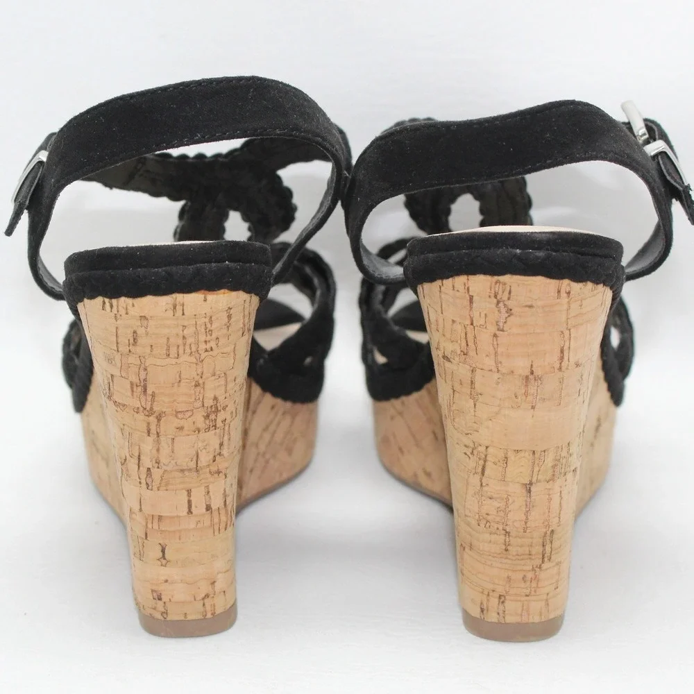 Fergalicious‎ Voyager Black Braided Cork Wedge Sandals Womens 9M Platform Strap